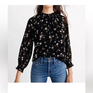 Madewell Black Floral Ruffle collar Smocked Long Sleeve Blouse. NWT